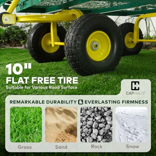 CAPHAUS Metal Black Garden Cart, w/ 180° Adjustable Yellow Handle, w/Mat and Strap, Heavy Duty 880 lbs Capacity, w/ 10” Flat-Free Tires