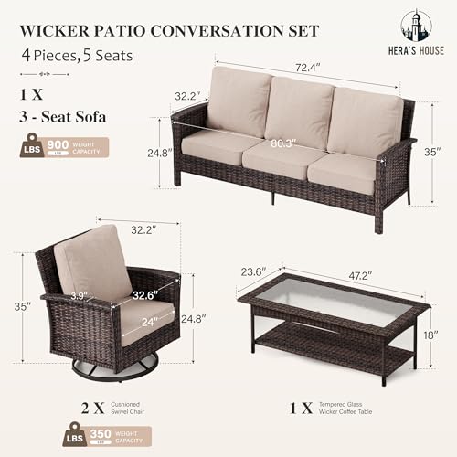 HERA'S HOUSE High Back Patio Furniture Set with Swivel Chairs, Outdoor Wicker Conversation Sets with 5.5" Comfy Cushions, 4 Piece Outside Sofa Sets