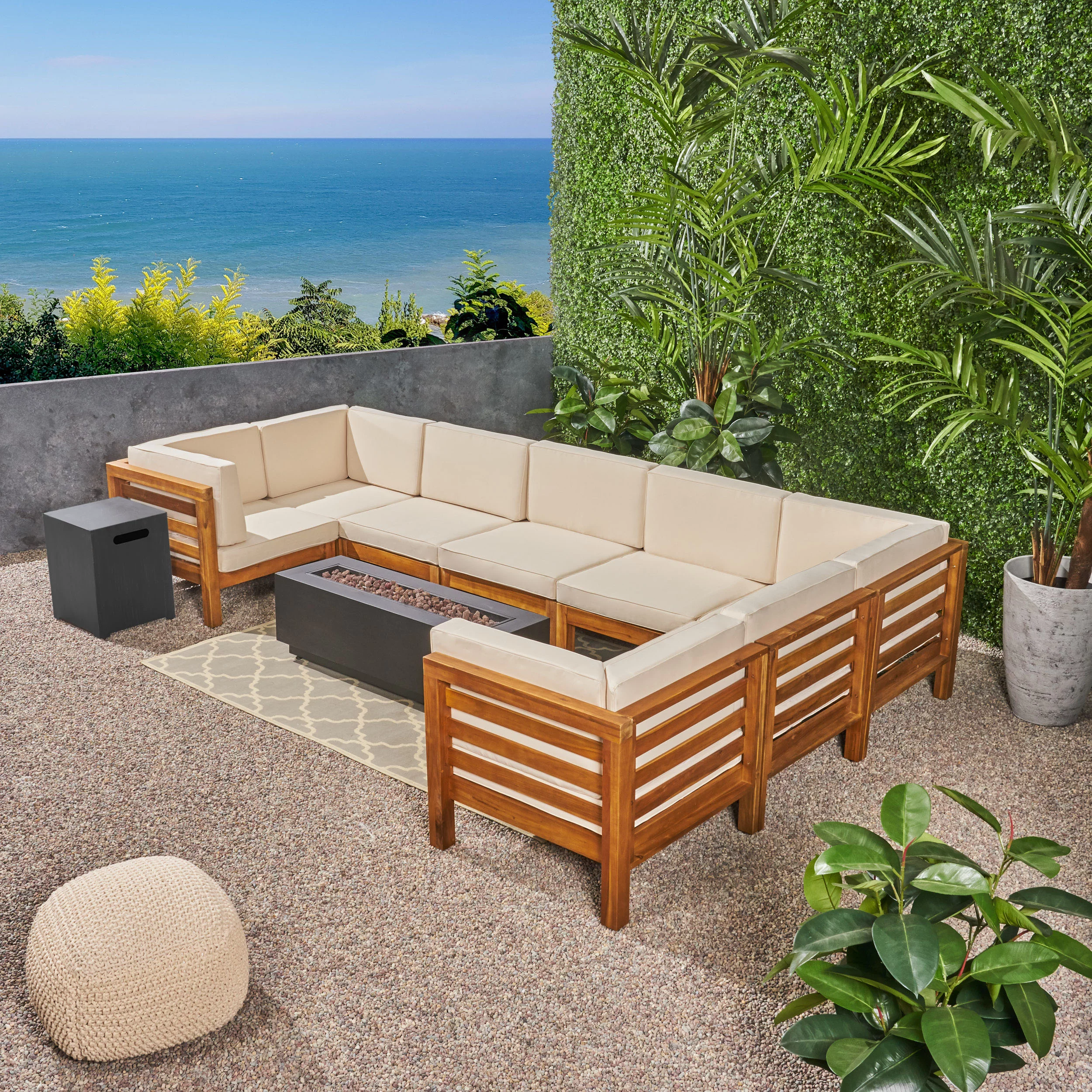 GDF Studio Krystin Outdoor U-Shaped Sectional Sofa Set with Fire Pit, Brown