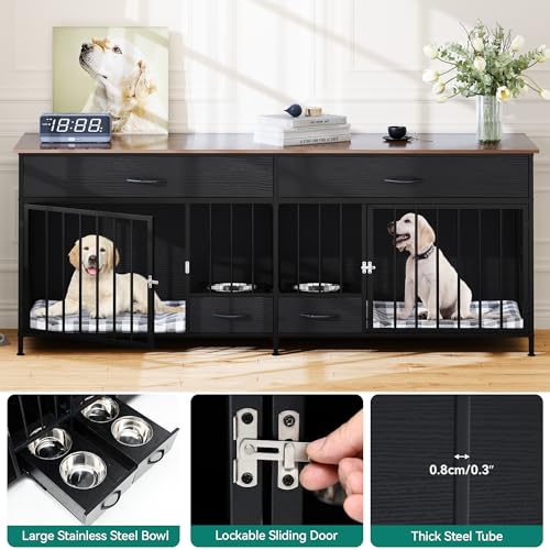 DWVO Double Dog Crate TV Stand with Dog Feeder, 74.8" Wooden Large Dog Kennel with Storage, Double Dog Crate Furniture for 2 Small Medium Dogs, Brown