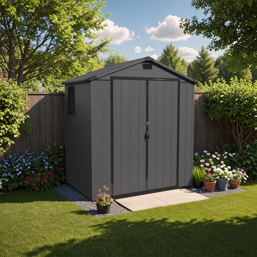 Patiowell 6 x 8 FT Plastic Outdoor Storage Shed with Floor, Resin Outside Tool Shed with Two Windows and Lockable Easy to Install, Door for Garden