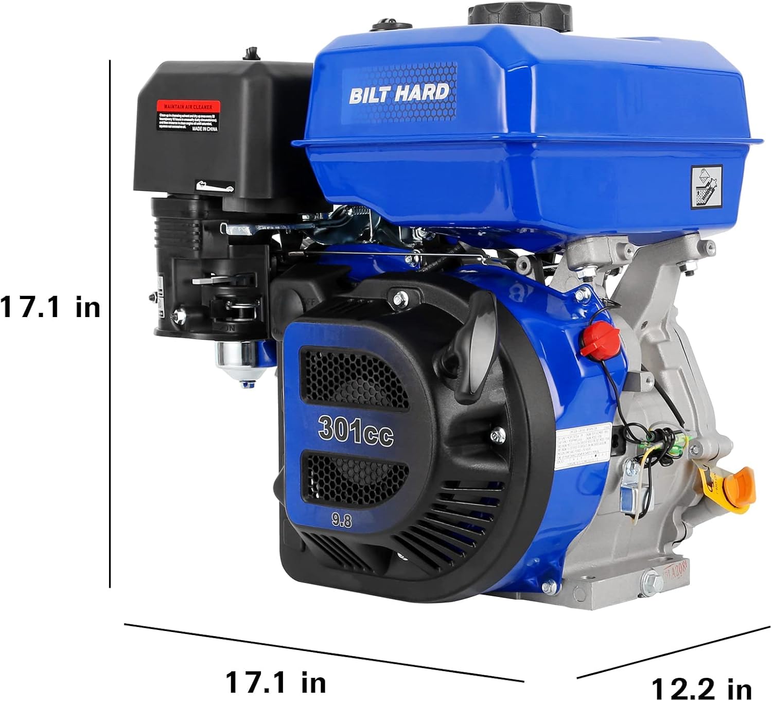 BILT HARD 301cc 10HP Gas Powered Engine, Horizontal 4 Stroke OHV Gas Motor, Shaft 1" Diameter, 3.48" Length, 1/4" Keyway, Replacement for Go Cart