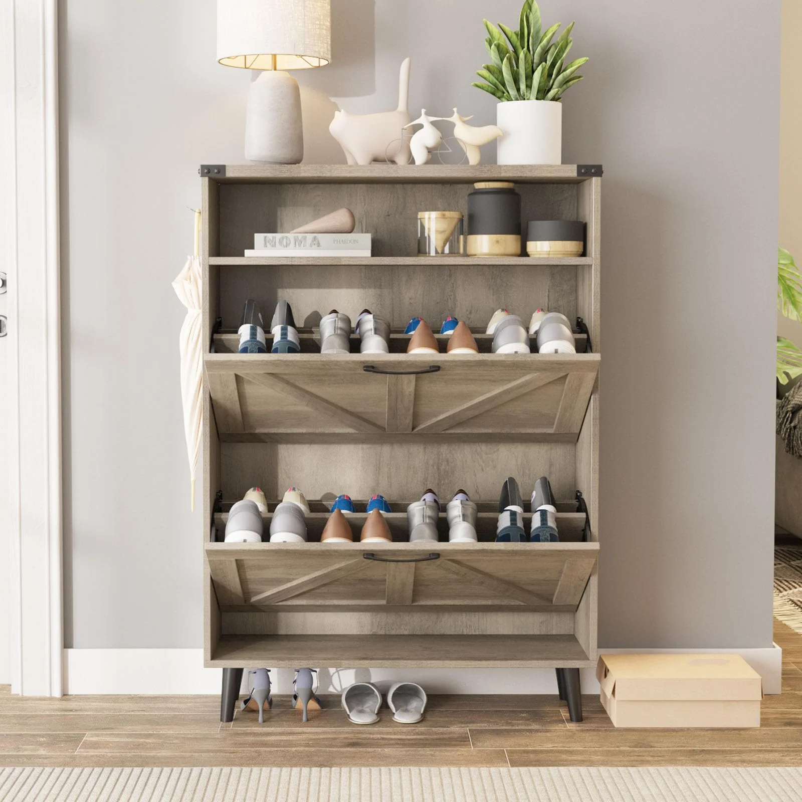 VEANERWOOD Shoe Cabinet with 2 Flip Drawers, Shoe Storage Cabinet for Entryway, Freestanding Shoe Cabinet Organizer with Open Storage