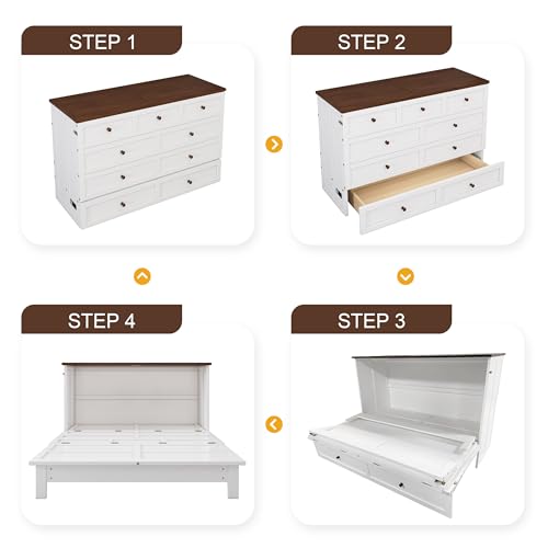 Merax Modern Farmhouse Solid Wood Murphy Bed Chest/Space Saving/Wood Slat Support/Queen,White+Walnut