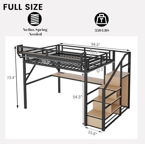 Full Size Loft Bed with Desk and Stairs, Heavy-Duty Steel Loft Bed Frame with Wardrobe & LED Light