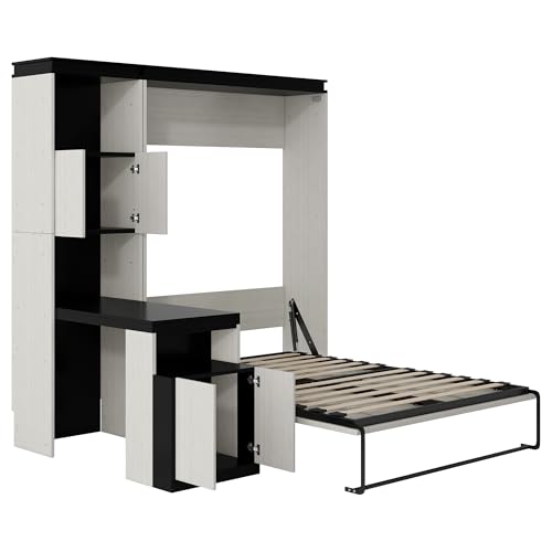Queen Size Murphy Bed Wall Cabinet with 2 Wardrobe and Storage Shelf, Wooden Murphy Cube Wall Bed