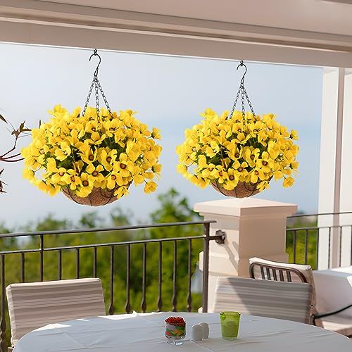 INQCMY Artificial Hanging Flowers in Basket for Patio Lawn Garden Decor