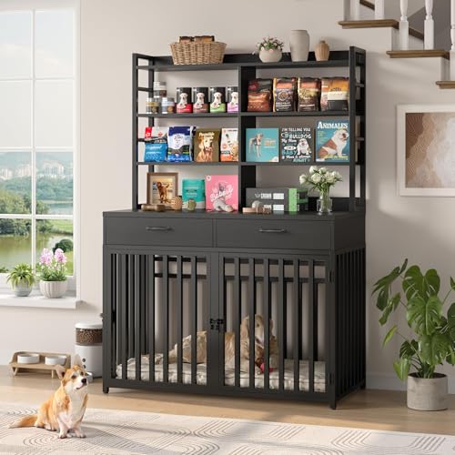 Keyluv 71''H x 47.2''W Large Dog Crate Furniture with 4-Tier Shelves and 2 Storage Drawers, Heavy Duty Dog Cage Furniture with 2 Doors