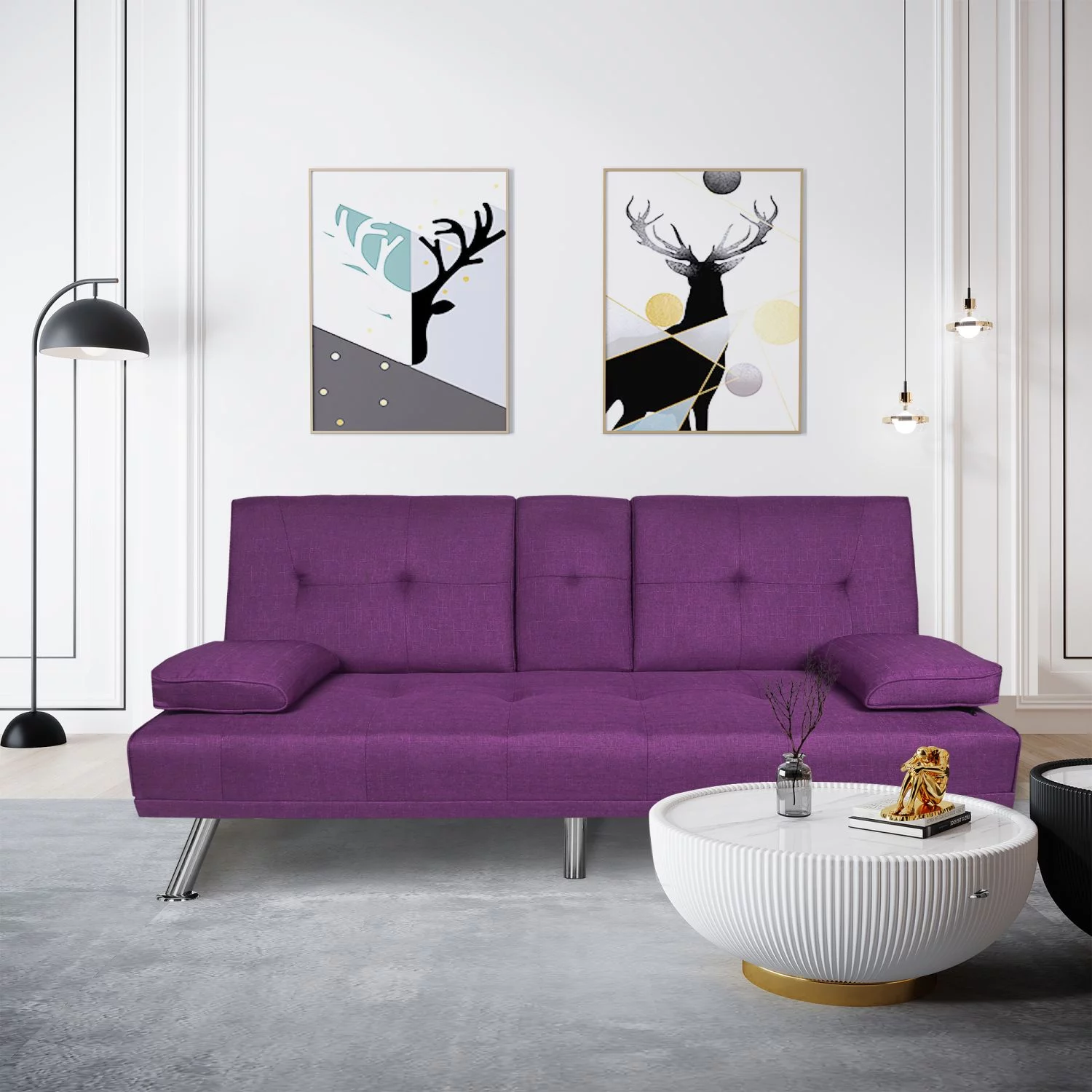 BSHTI Twin 66.3" Modern Fution Sofa with 2 cup holders, Tufted Back Convertible Sofa for Living Room, Bedroom, Office, Apartment, Dorm, Small Space
