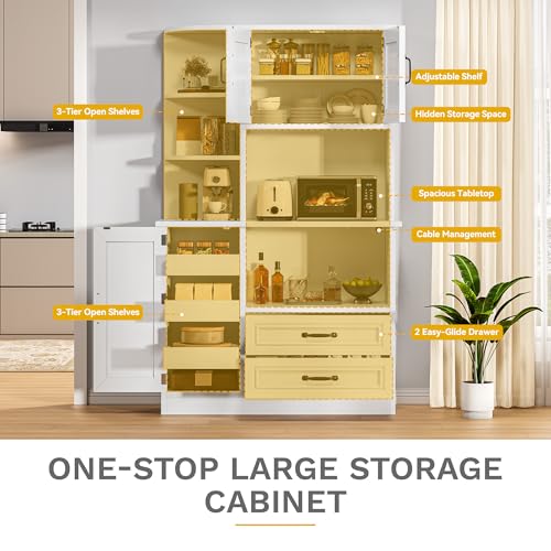 DWVO Kitchen Pantry Storage Cabinet, 64" H Kitchen Hutch Cabinet with Power Outlet, Sliding Racks with Door