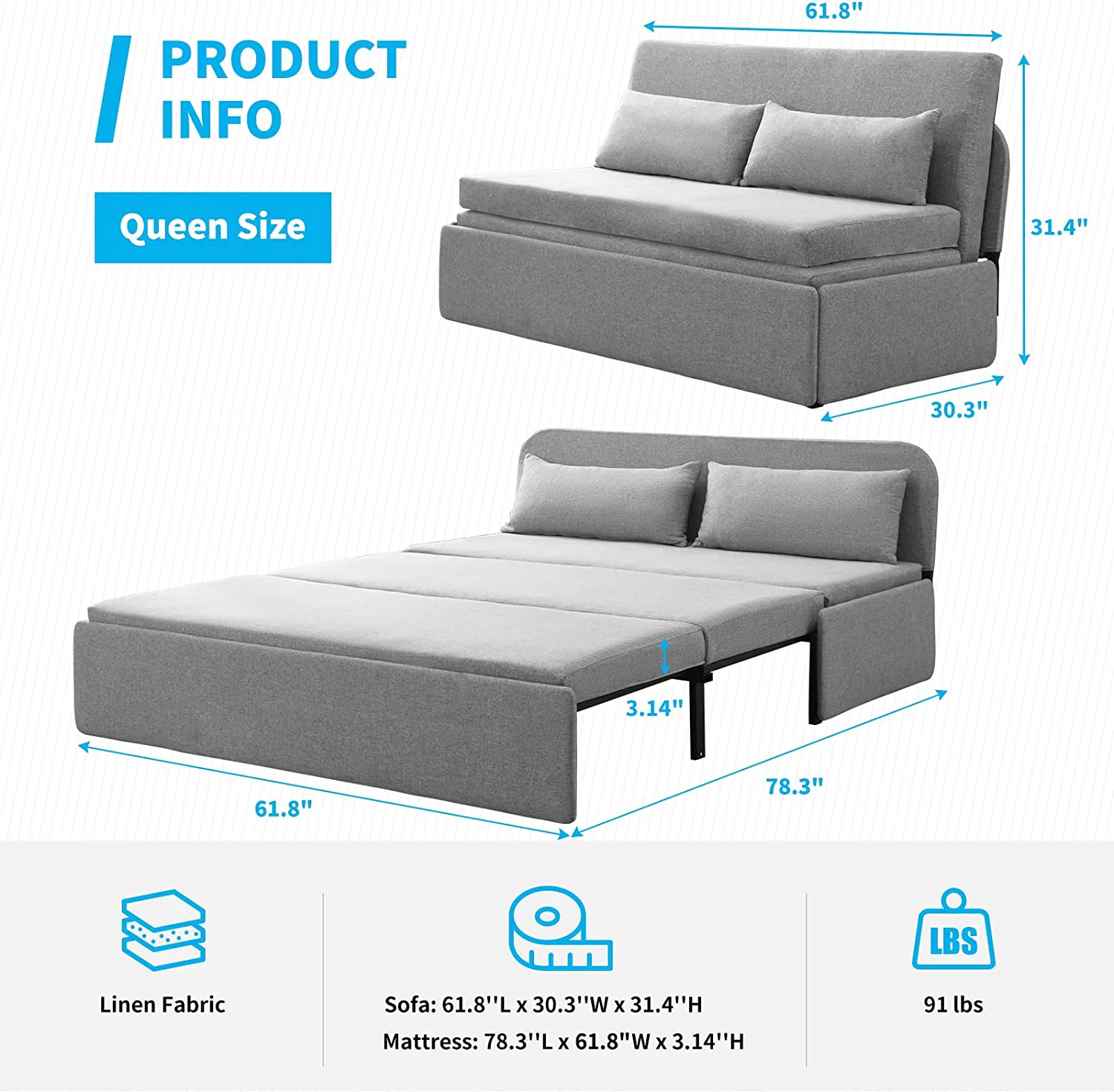 Mjkone Queen Size Convertible Sofa Bed, Modern Pull Out Linen Sleeper Sofa Couch