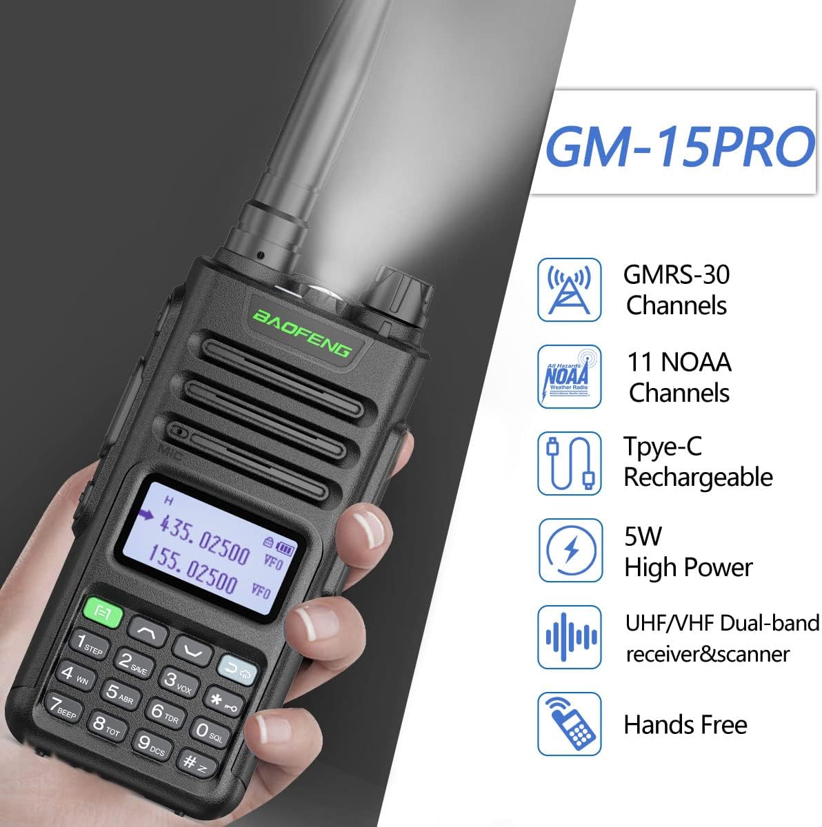 BAOFENG GM-15 PRO GMRS Radio Long Range Walkie Talkies Rechargeable NOAA Scanning & Receiving Two Way Radio