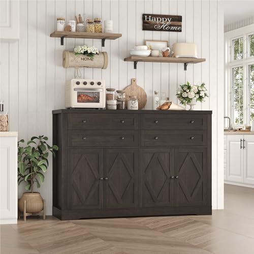 HOSTACK 55" Coffee Bar with 4 Large Drawers, 40" Tall Buffet Cabinet with Storage, Kitchen Storage Cabinet, Modern Farmhouse Sideboard Buffet
