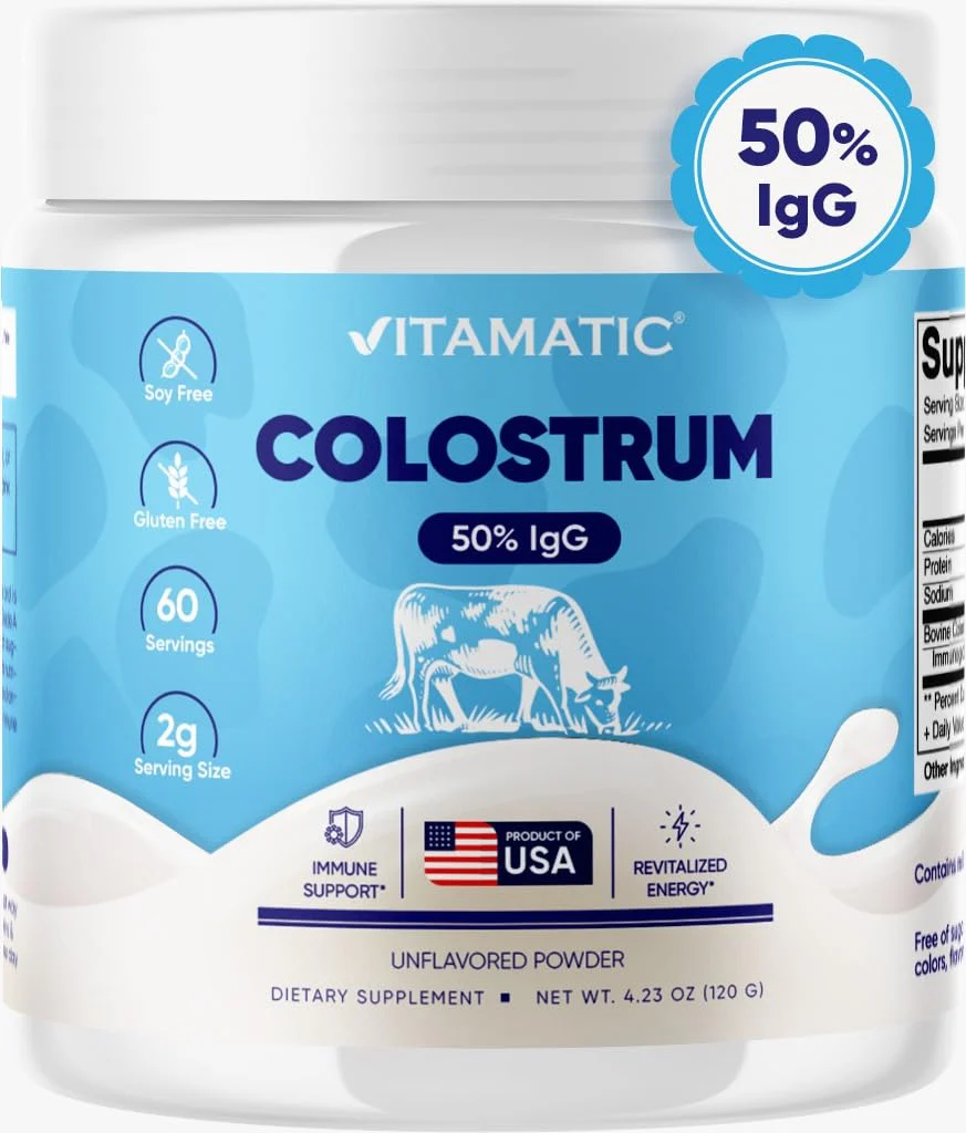 Vitamatic Bovine Colostrum Powder - 50% Highest IgG - Supplement for Gut Health, Hair Growth, Beauty, Muscle Recovery, & Immune Support