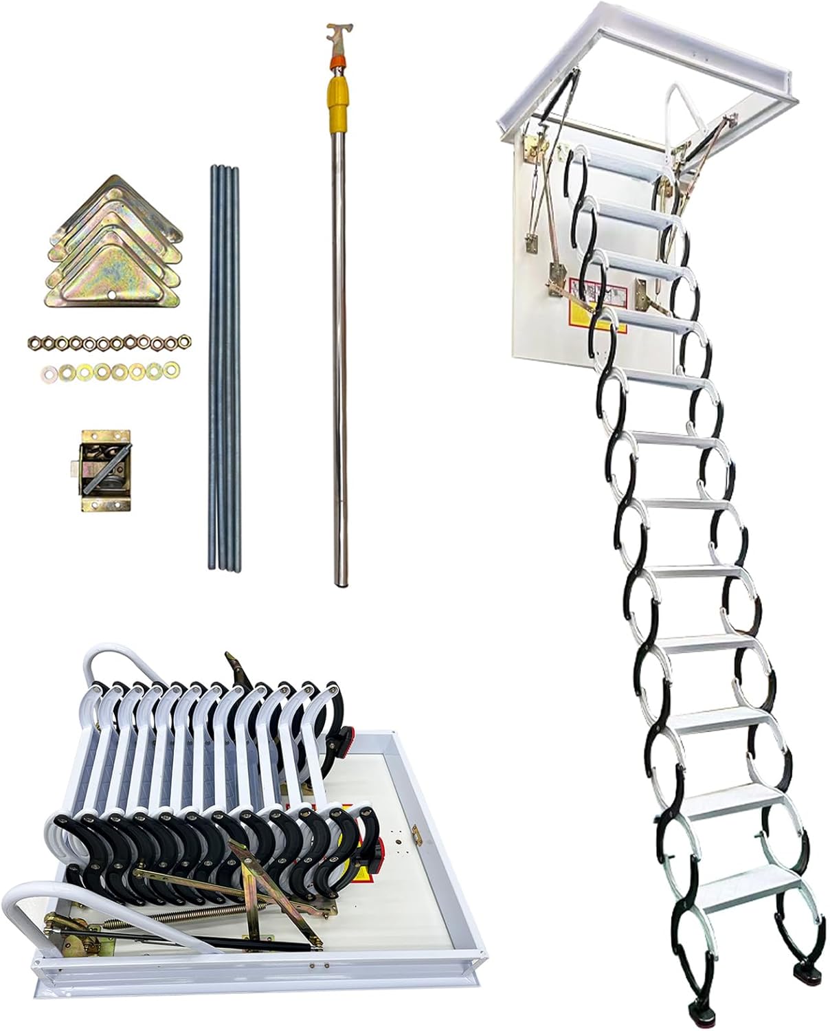 TECHTONGDA Ceiling Attic Loft Ladder, Retractable Pull Down Attic Ladder, 12 Steps Folding Ladder Attic Extension Stairs, 9.84ft Adjustable Height