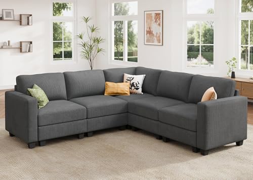 HONBAY Corduroy Modular Sectional Couch with Storage L-Shaped Sectional Couches for Living Room 6 Seater Modular Sofa, Dark Gray