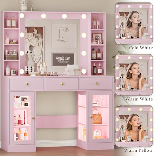 Makeup Vanity Desk with Mirror and Lights, White Vanity with Glass Top, LED Lights & Power Outlet, 3 Drawers & 2 RGB Glass Cabinets