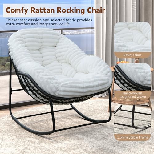 Outdoor Indoor Rocking Chair, Patio Wicker Egg Chair, Indoor & Outdoor Comfy Oversized Papasan Chair with Padded Cushion