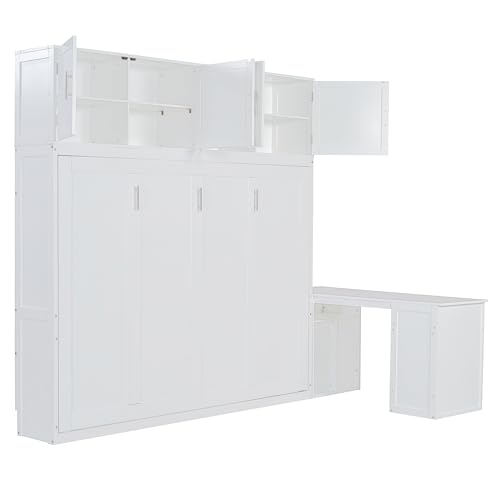 Harper & Bright Designs Twin Size Murphy Bed, Wooden Twin Wall Bed Frame with Closet, Drawers & Desk, White