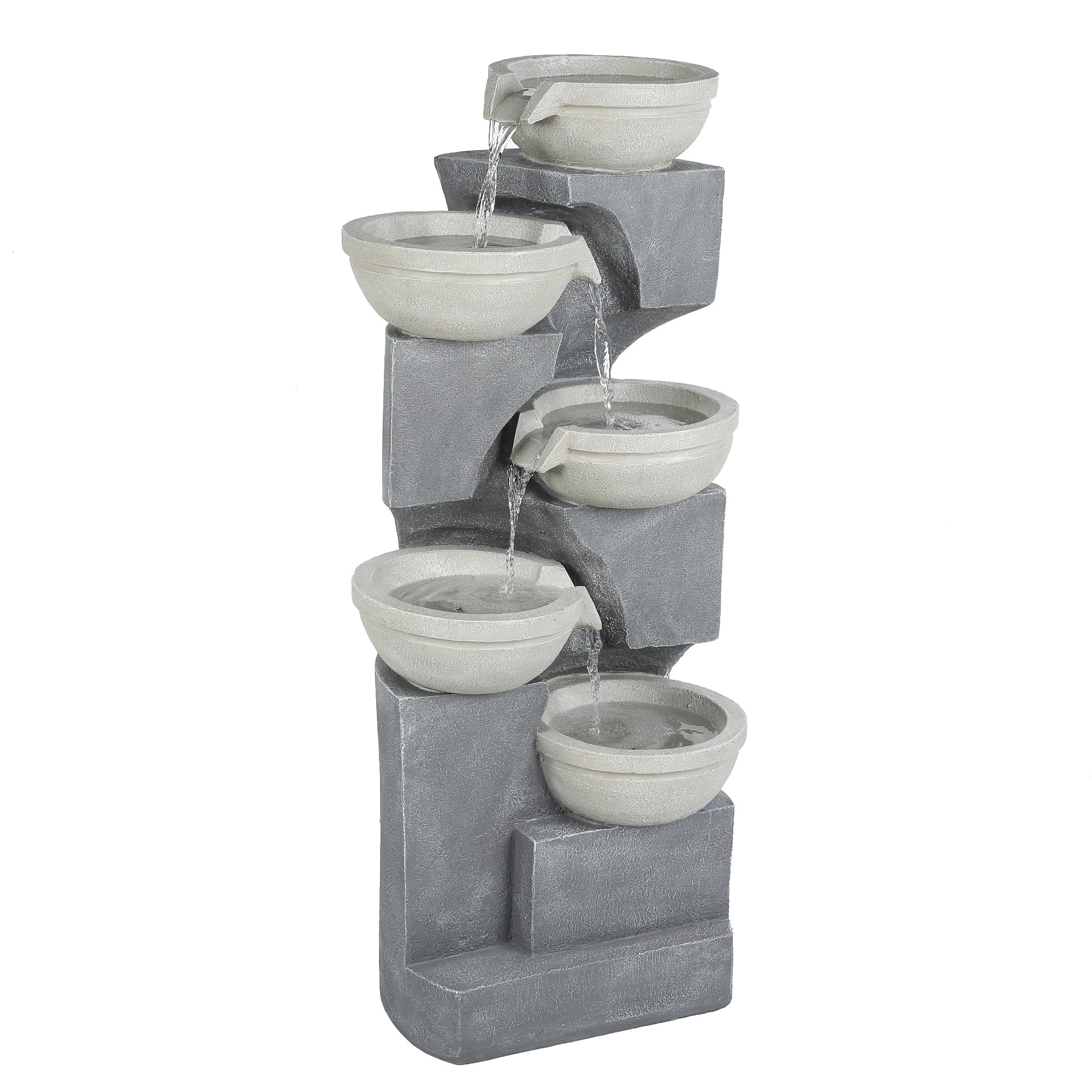 LuxenHome Five Bowl 35 H Gray Resin Cascading Outdoor Fountain with LED Lights - Radiant Selections