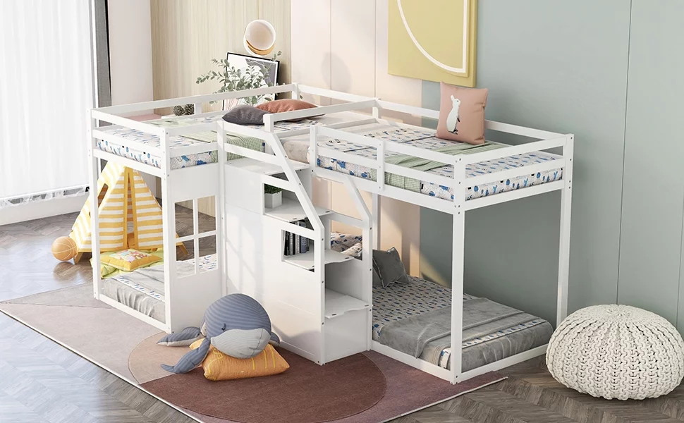EUROCO Twin over Twin L-Shaped Bunk Bed with Middle Staircase, White - Curated Treasures Market