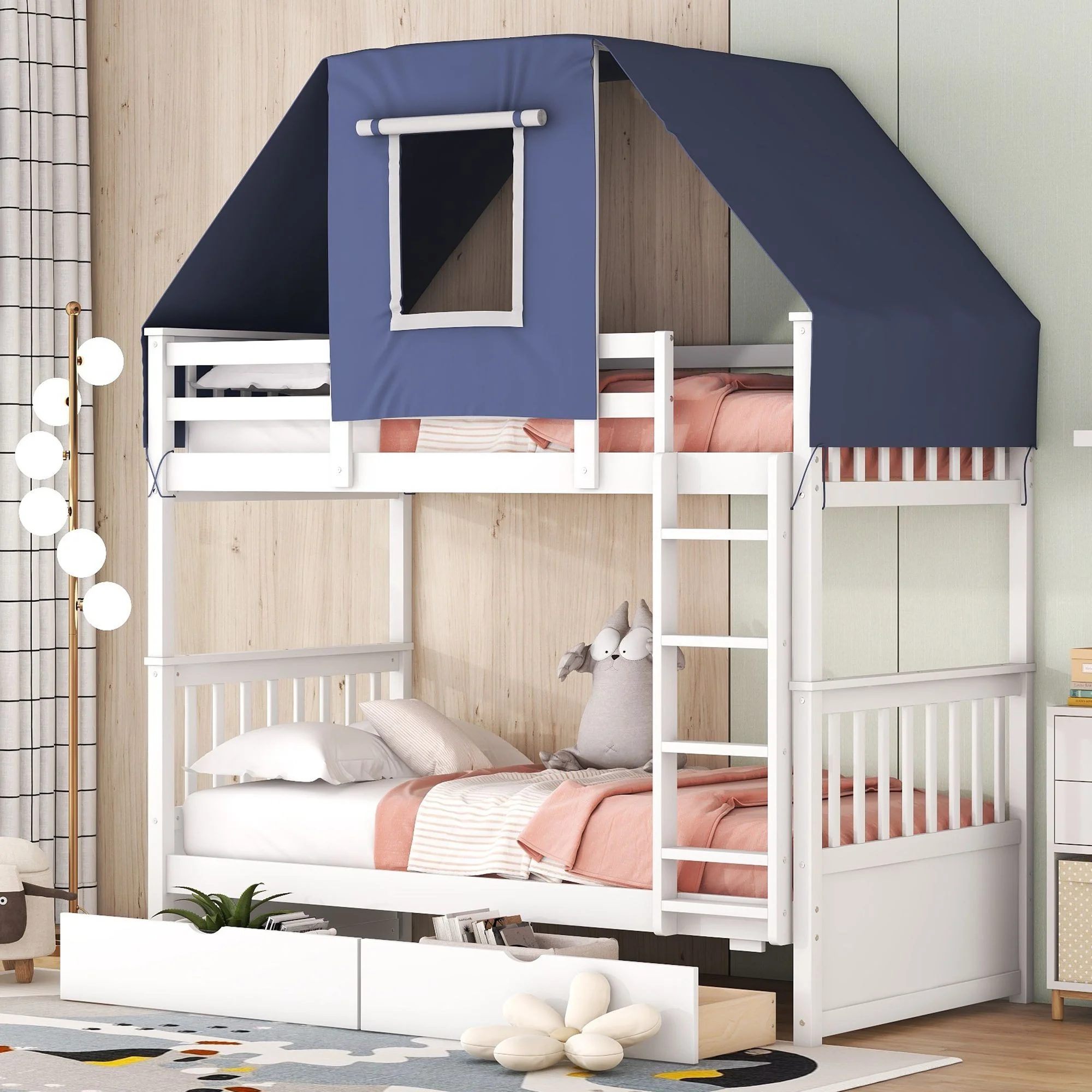 Twin Over Twin Bunk Bed with Tent and Drawers for Boys/Girls/Teens Bedroom, Wood Bed Frame with Safety Guardrail, No Box Spring Needed with Roof