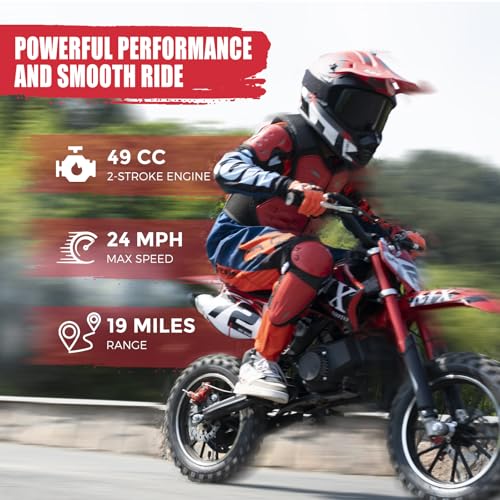 Kids Off-Road Dirt Bike 49CC 2-Stroke Gas Powered Mini Motorcycle with Front & Rear Disc Brakes, Easy Pull Start, 30 MPH Max Speed, 220 LBS Capacity