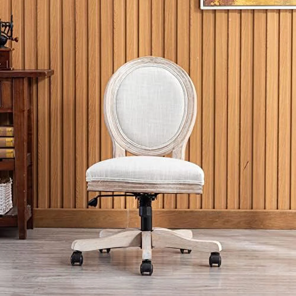 Rattan Back Linen Office Chair  Adjustable Height Swivel Task Chair with Wood Frame Armless Desk Chair with Wheels Upholstered Round Back Vanity