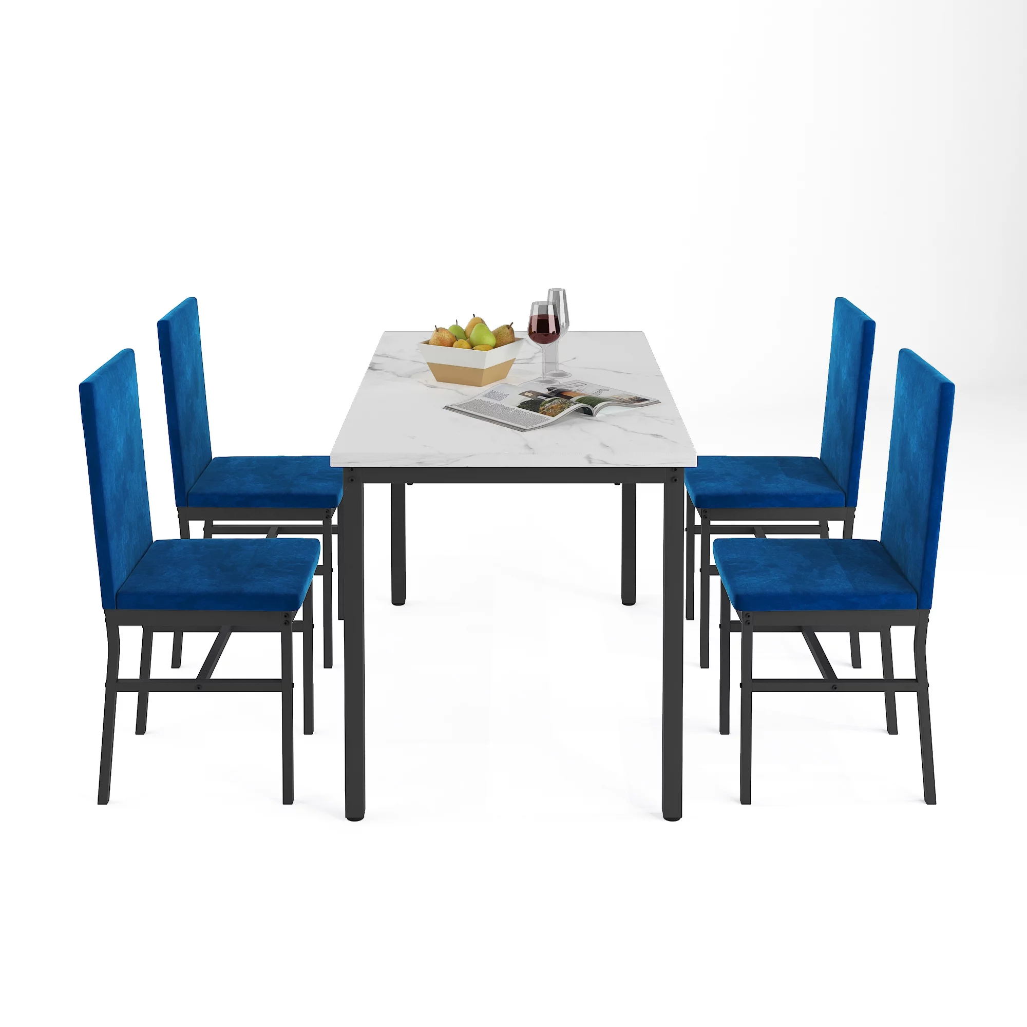 Modern Dining Set for 4, 5-Piece Dining Table and Chairs Set, 1 Table with White Marble Top, 4 Blue Velvet Chairs for Kitchen Dining Room Living Room