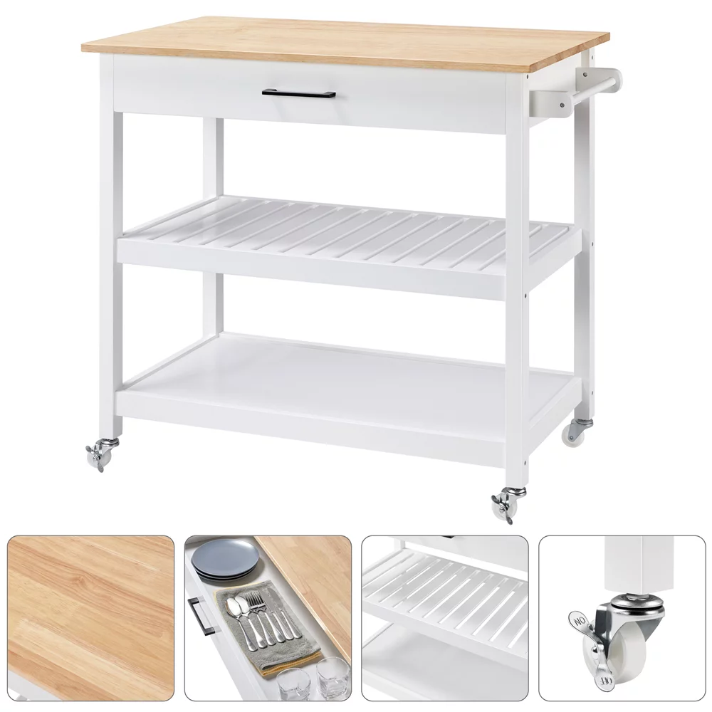Topeakmart Kitchen Island Cart with Wheels Storage Drawer Solid Wood Countertop, White