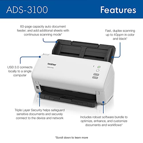 Brother ADS-3300W Wireless, High-Speed Desktop Scanner | 2.8-inch Touchscreen | Scans Up to 40ppm1
