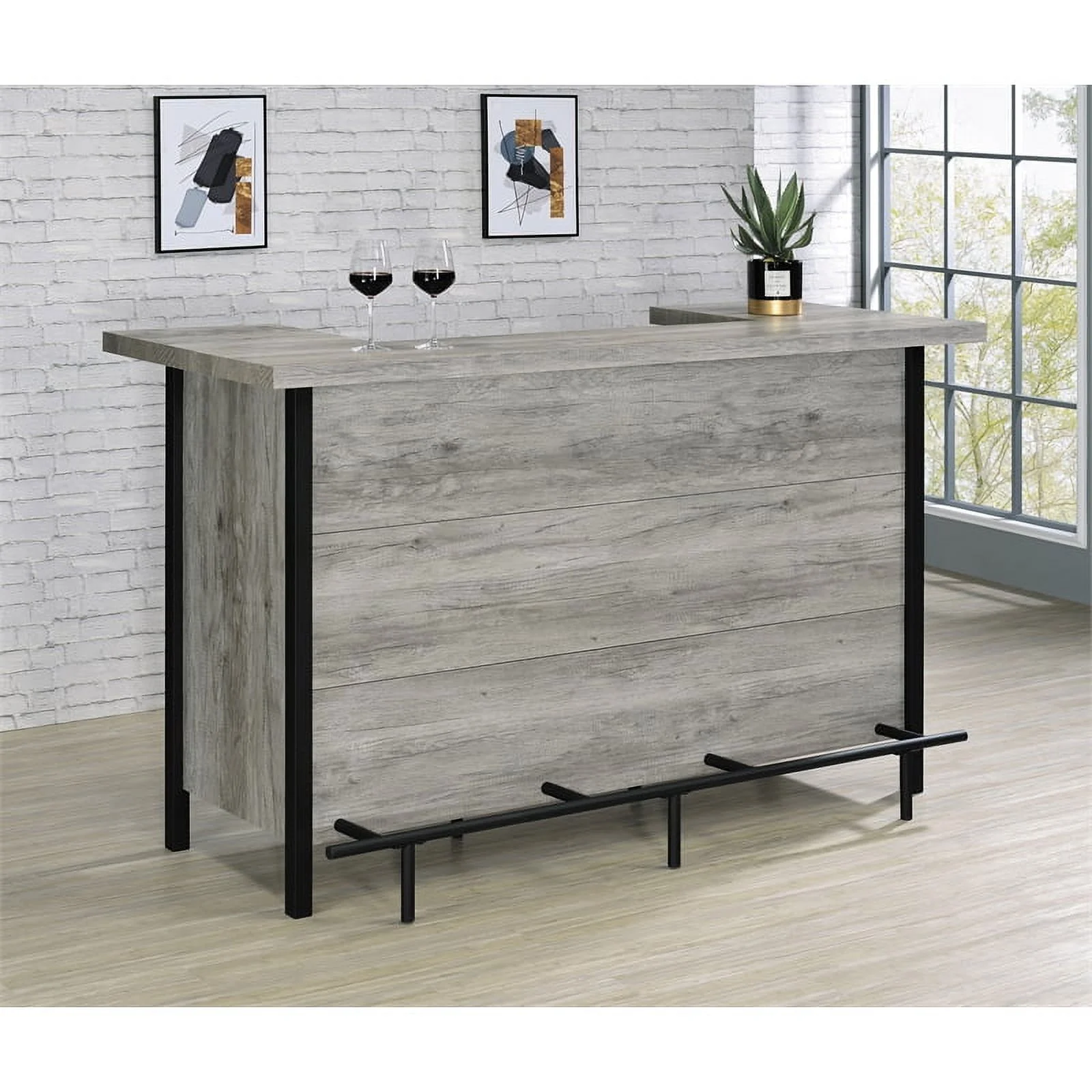Pemberly Row 70.75"W Modern Wood Bar Unit in Gray Driftwood/Black