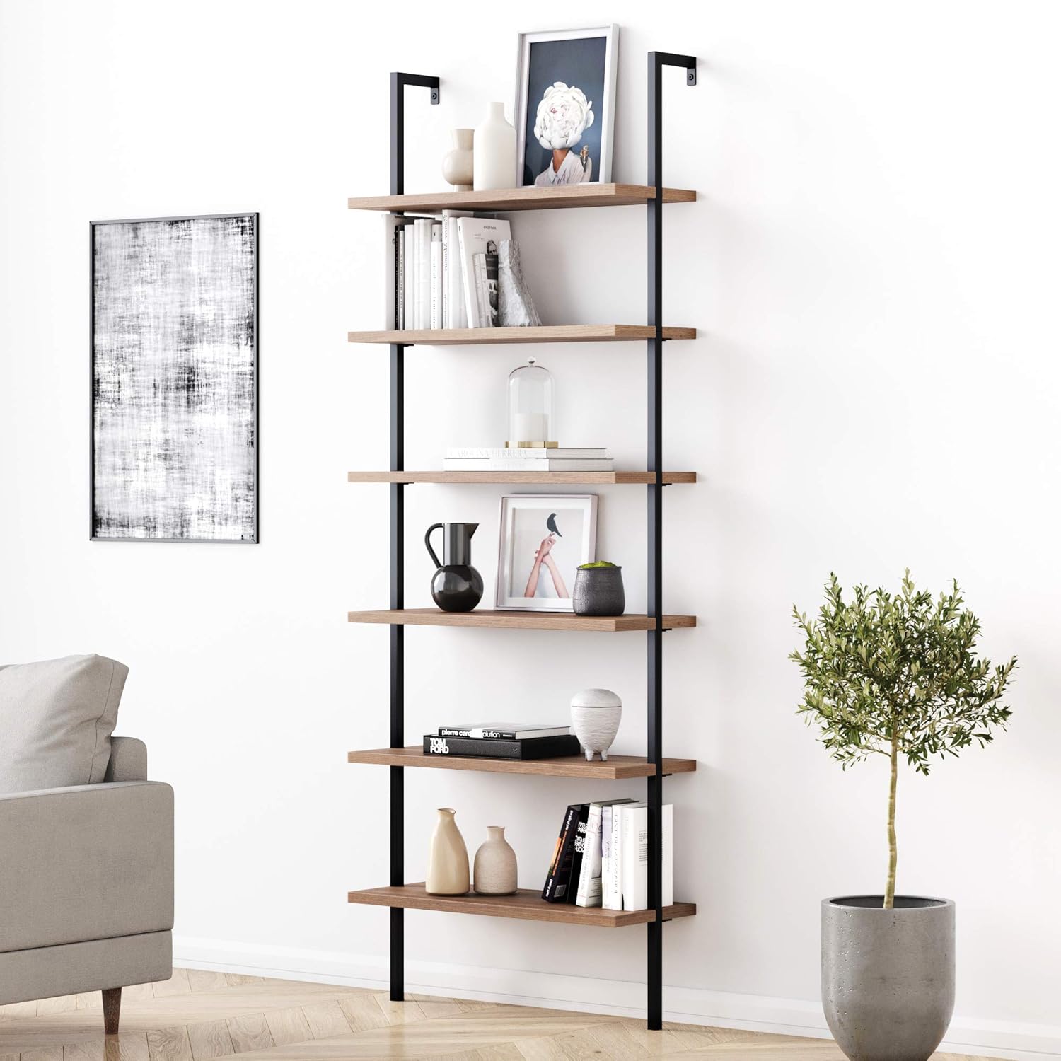 Nathan James Theo 5-Shelf Modern Bookcase, Open Wall Mount Ladder Bookshelf with Industrial Metal Frame, White/Gold