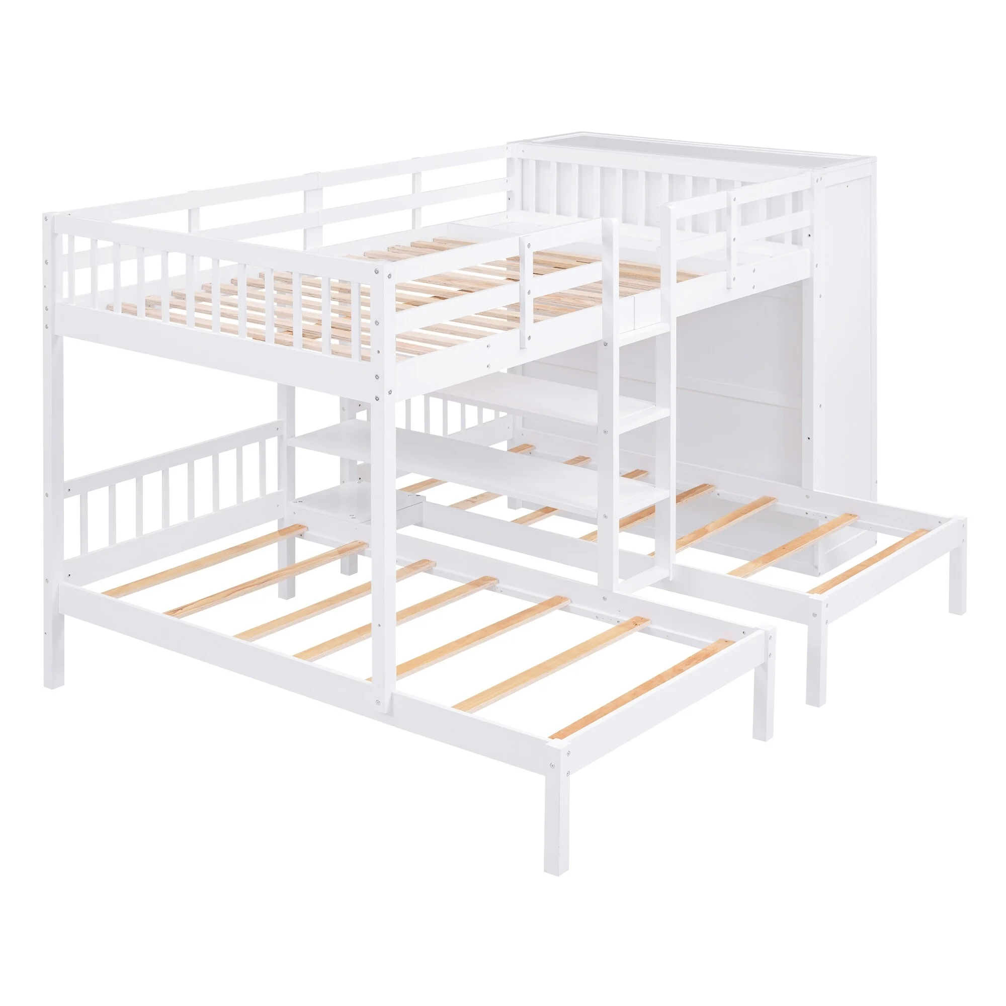 Full-Over-Twin-Twin Bunk Bed with Shelves, Wardrobe, Mirror, and Storage Solutions - Space-Saving Furniture for Growing Families White