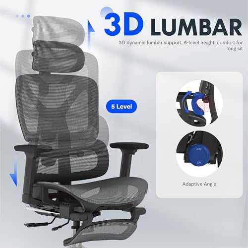 FLEXISPOT ErgoX Premium Ergonomic Office Chair with Footrest- Adjustable 3D Armrests, Dynamic Lumbar Support, Recline & Tilt Function, Mesh Seat