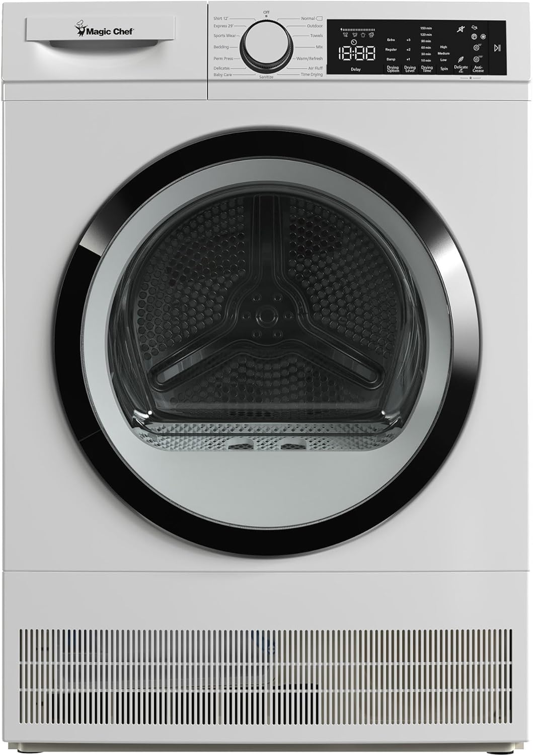 Magic Chef 24 Inch Condensing Front Load Stackable Electric Dryer with 3 Options and Aluminized Alloy Steel Drum for Laundry Purposes, White