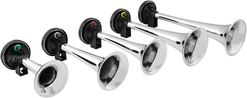 Vixen Horns Loud 5/Five Trumpet La Cucaracha Musical/Music Sound Air Horn with Compressor Full Complete System/Kit Chrome 12V VXH6803C