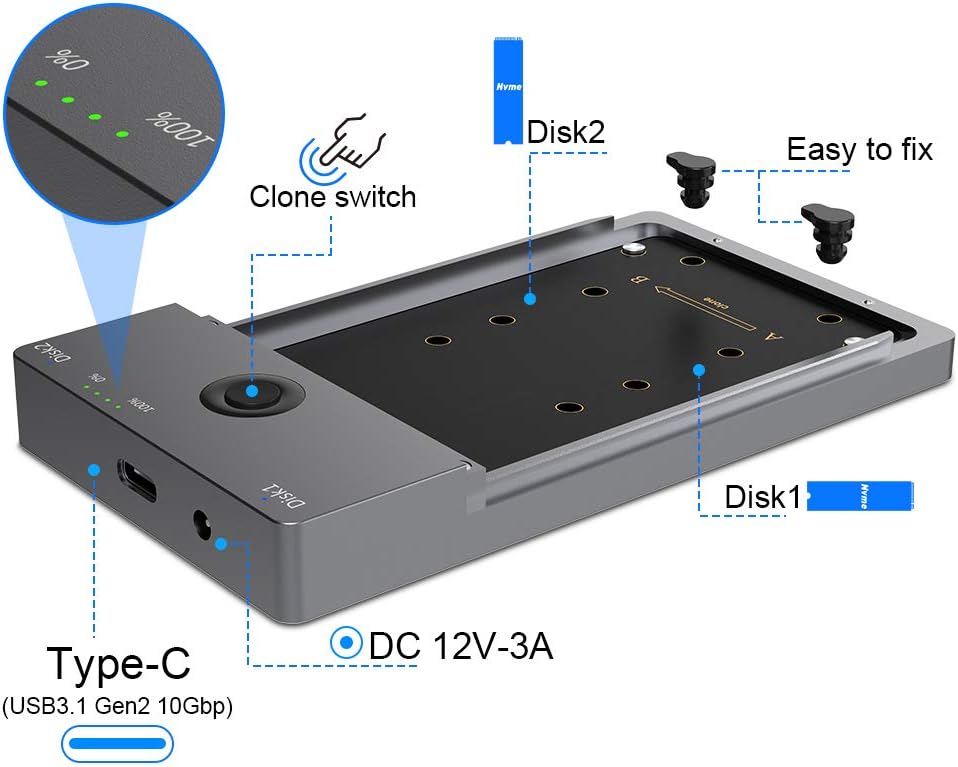 USB C 3.1 Gen2 10Gbps to M.2 Duplicator NVME Clone Dual-Bay External Hard Drive Enclosure