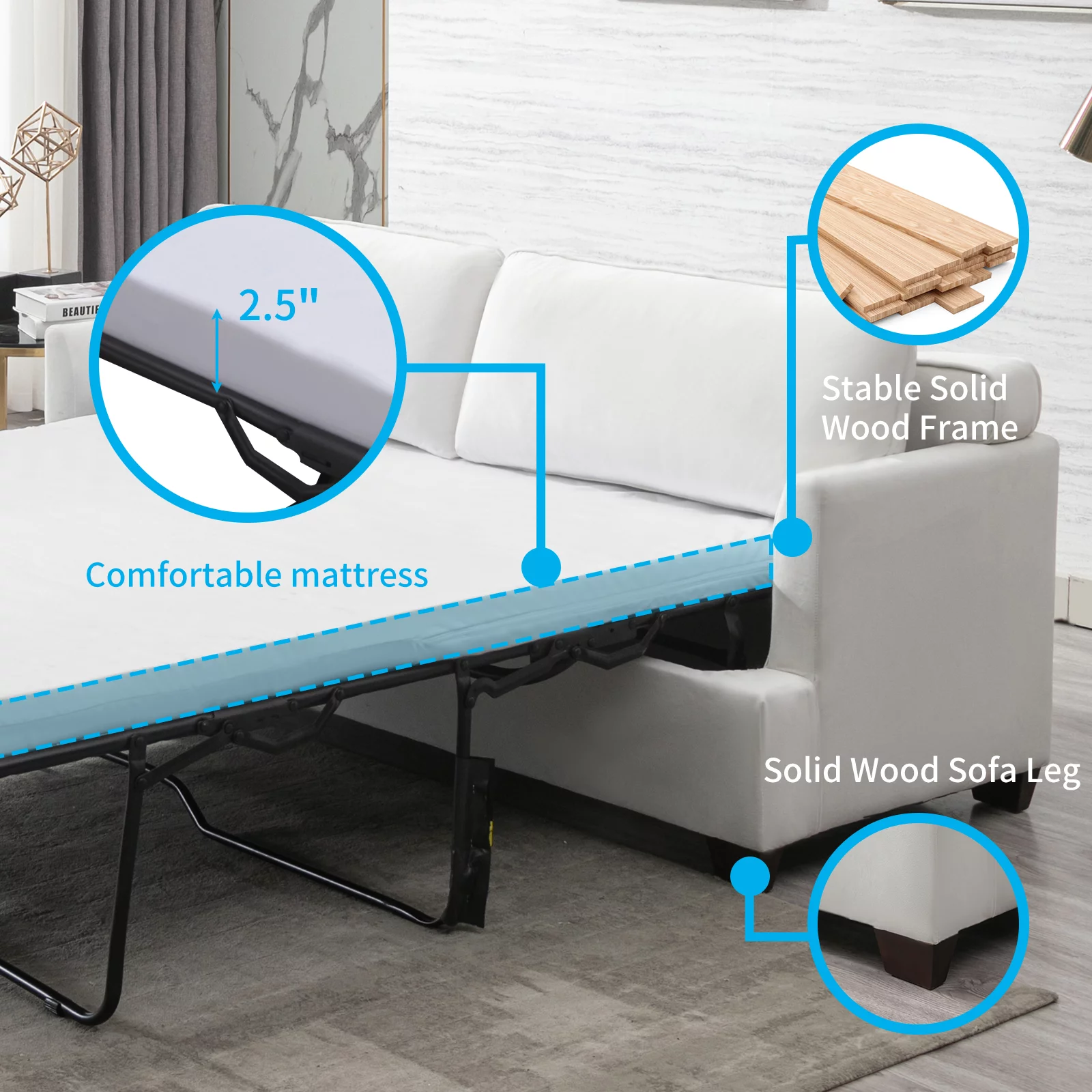 Mjkone 77.1"W Convertible Pull Out Sofa Bed with Foam Mattress , Velvet Loveseat Sleeper Sofa Bed