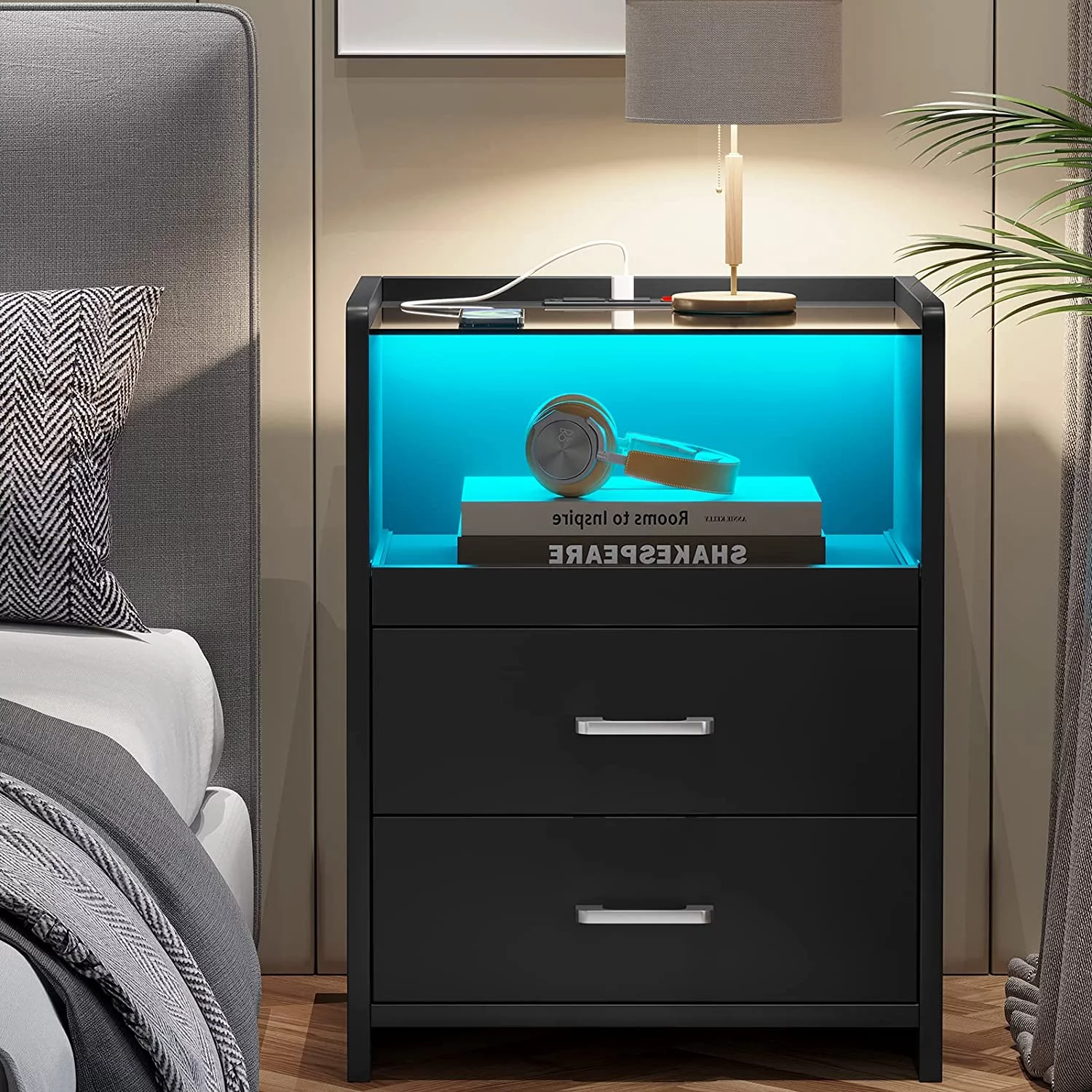Black Nightstand with LED Lights and Charging Station,LED Nightstand with Sliding Storage Drawers & Shelf, Glass Top,Black