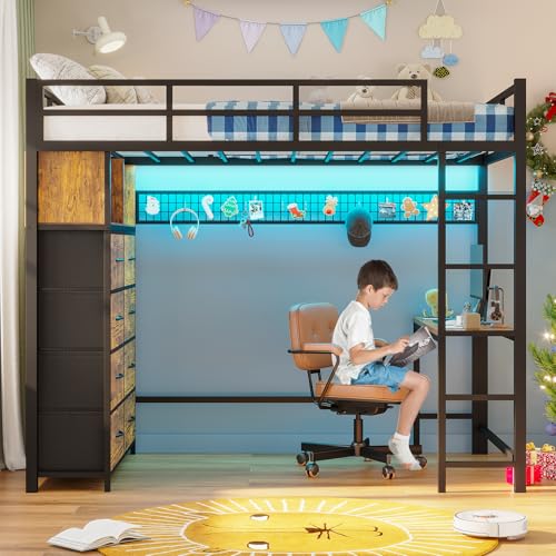 ADORNEVE Twin Size Loft Bed with Desk and 8 Storage Drawers, Metal Kids Loft Bed Twin with LED Lights & Charging Sation, Storage Shelves