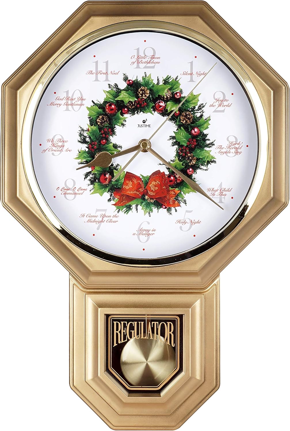 JUSTIME Special Edition Schoolhouse 12 Song of Carols of Christmas Wreath Melody Plastic Wall Clock, Made in Taiwan (TCXM0258-R Red Mahogany)