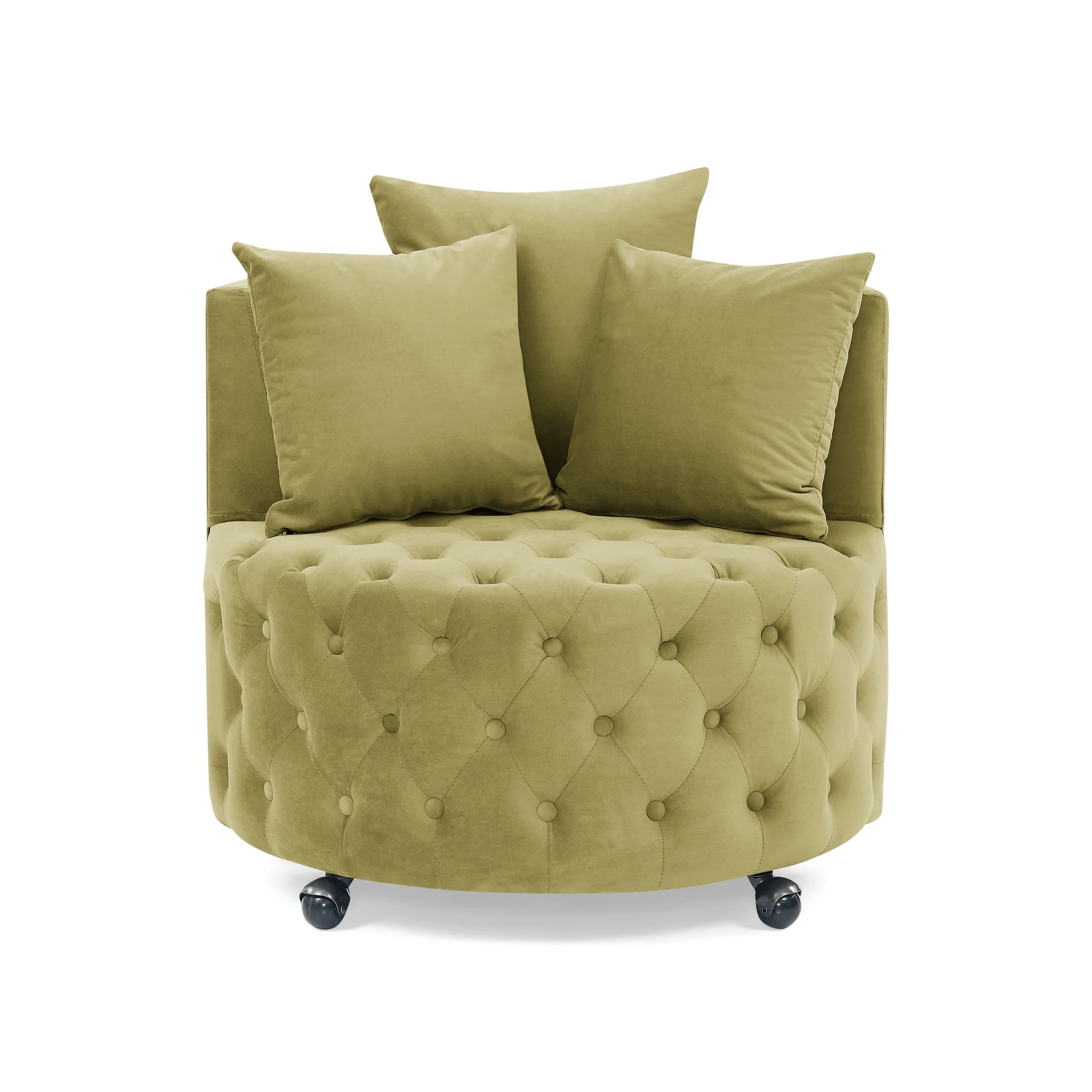 Buumin Velvet Upholstered Swivel Chair for Living Room, Corner Chair, Button Tufted Design, Movable Wheels, 3 Pillows,Khaki Green
