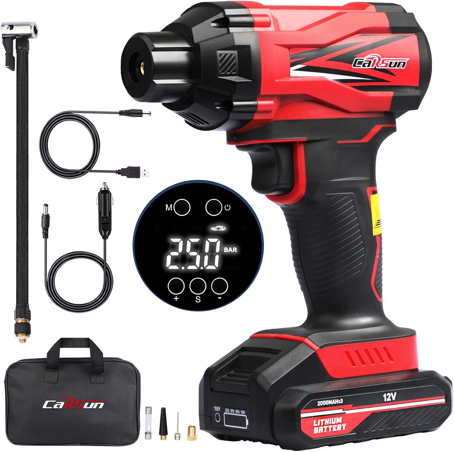 Acarfunny Portable Cordless Air Compressor,12V Rechargeable Battery Powered Handheld Air Pump Cordless Tire Inflator,Car Power Adapter