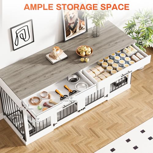 Rophefx 72" Dog Crate Furniture for 2 Dogs, Large Double Dog Kennel Indoor Furniture with 2 Storage Drawers and Removable Divider