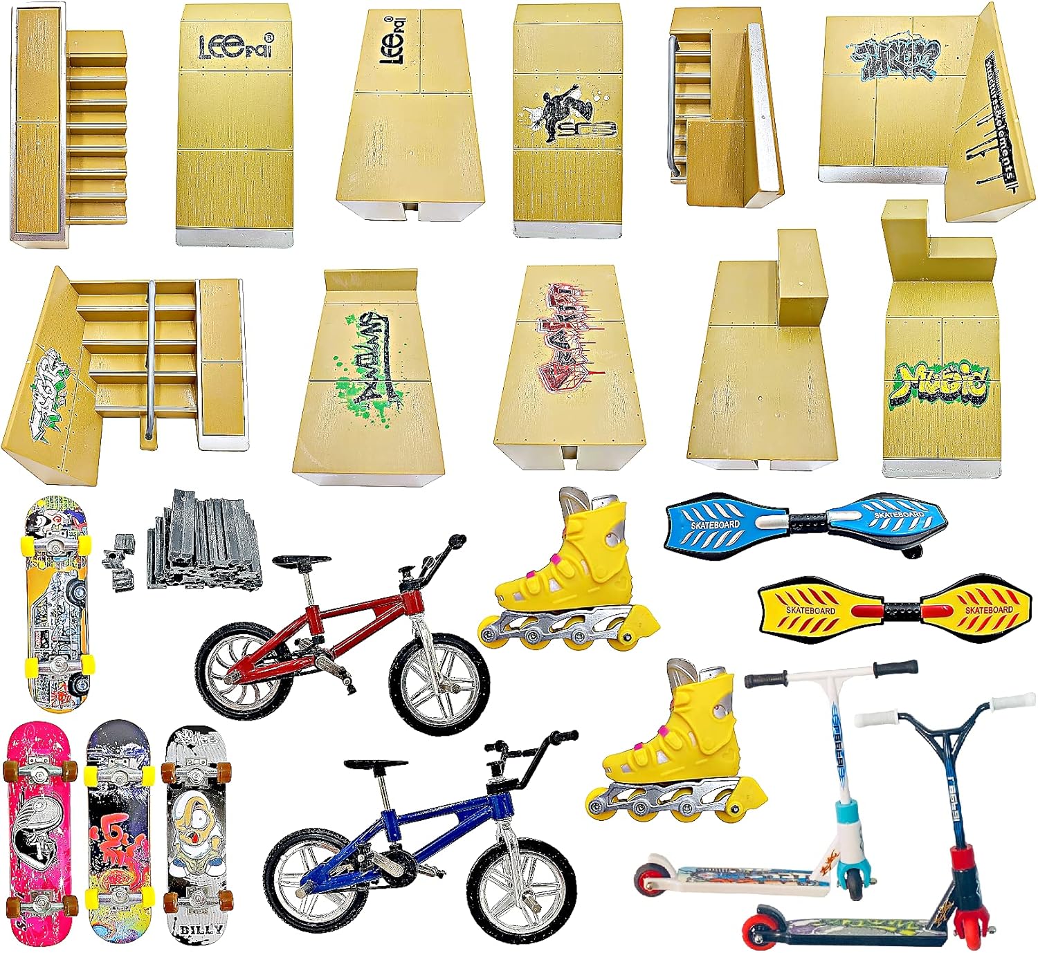 Ultimate Finger Skateboard Ramp Set 23 Pieces – Finger Skateboard Set with Skateboards, Ramps, Skates, Scooters