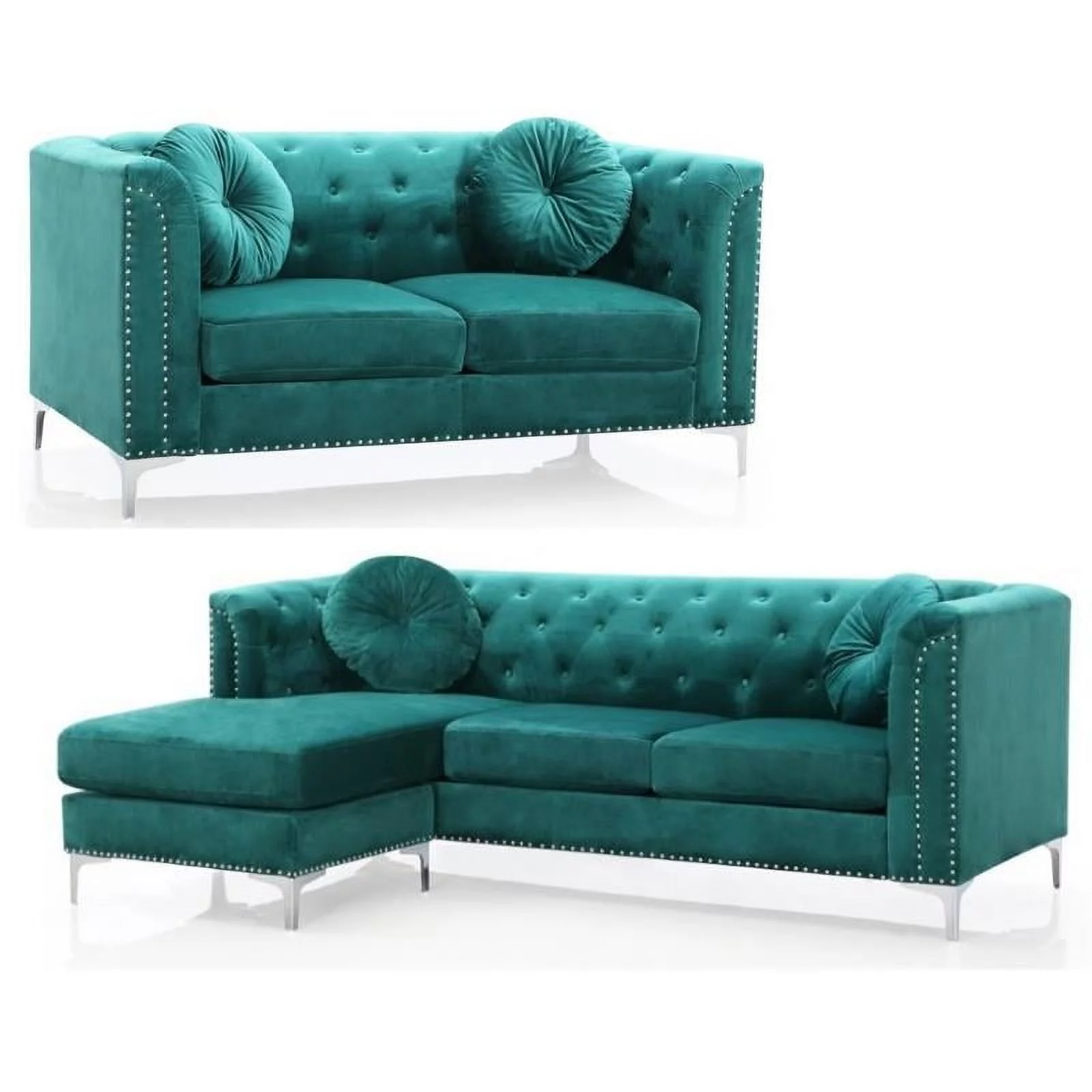 Home Square 2-Piece Set with Velvet Sofa Chaise and Loveseat in Green