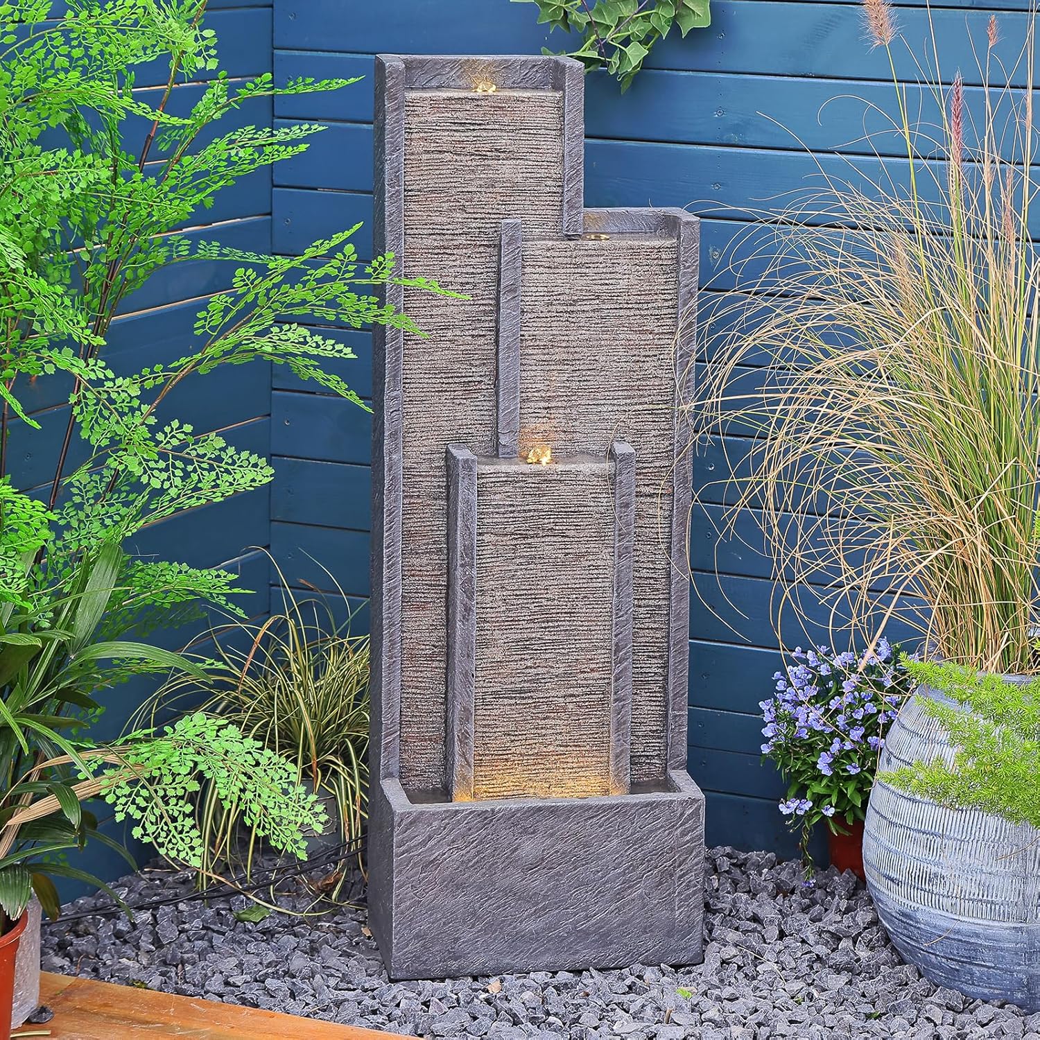 Water Fall Fountains Indoor Outdoor - 39.3” Inches Tall Indoor Waterfall Fountain Outdoor Modern Waterfall Fountains with LED Lights for Garden