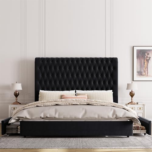 King Size Bed Frame 54" Tall Headboard with Gorgeous Button Tufted and Nail, Velvet Fabric Upholstered Bed Frame includes 4 Under-bed Storage Drawers