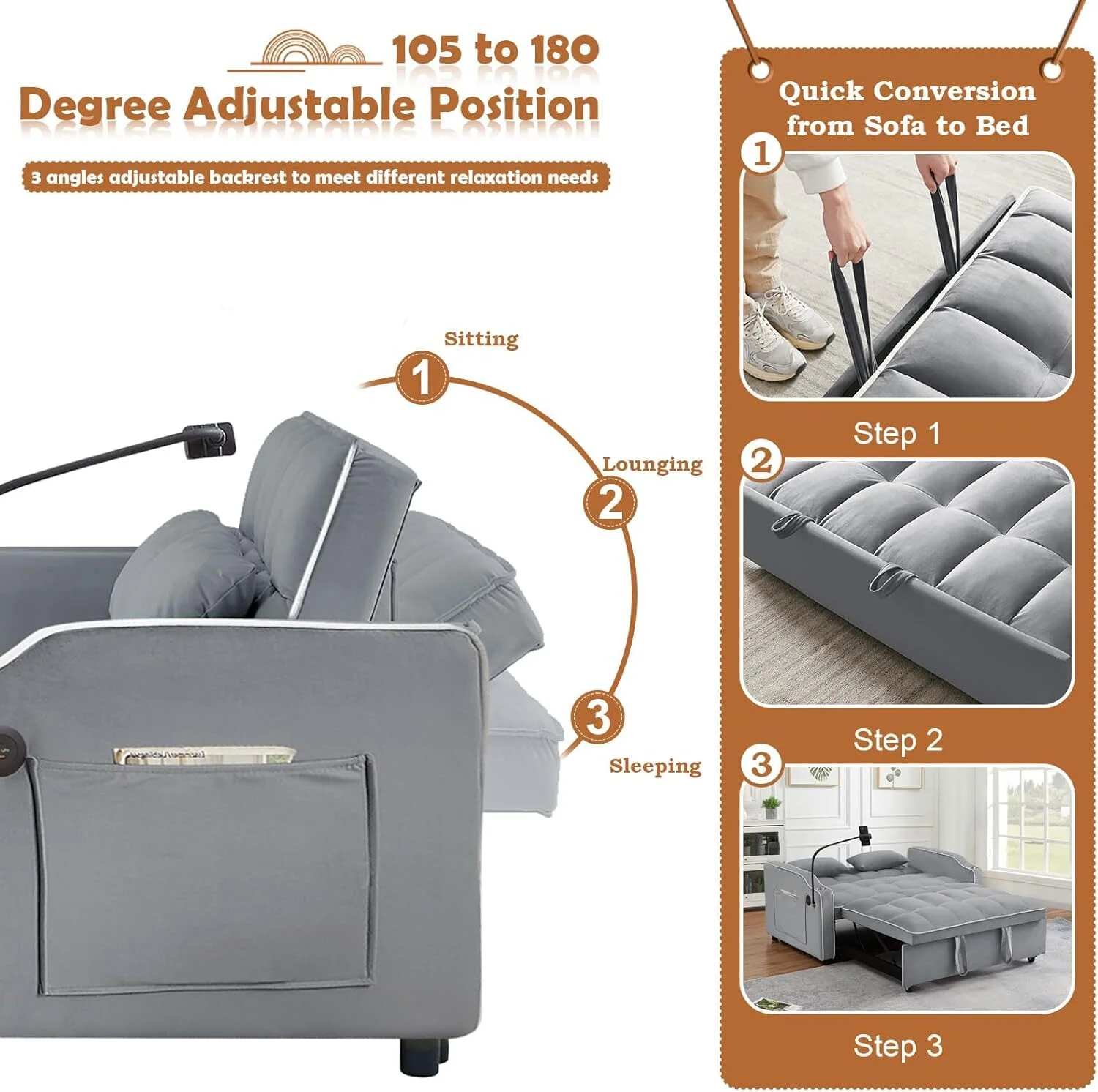Convertible Sofa Bed with Pull Out Bed - 55" Tufted Velvet Loveseat Sleeper Sofa Adjustable Back with USB Port Ashtray Swivel Phone Stand